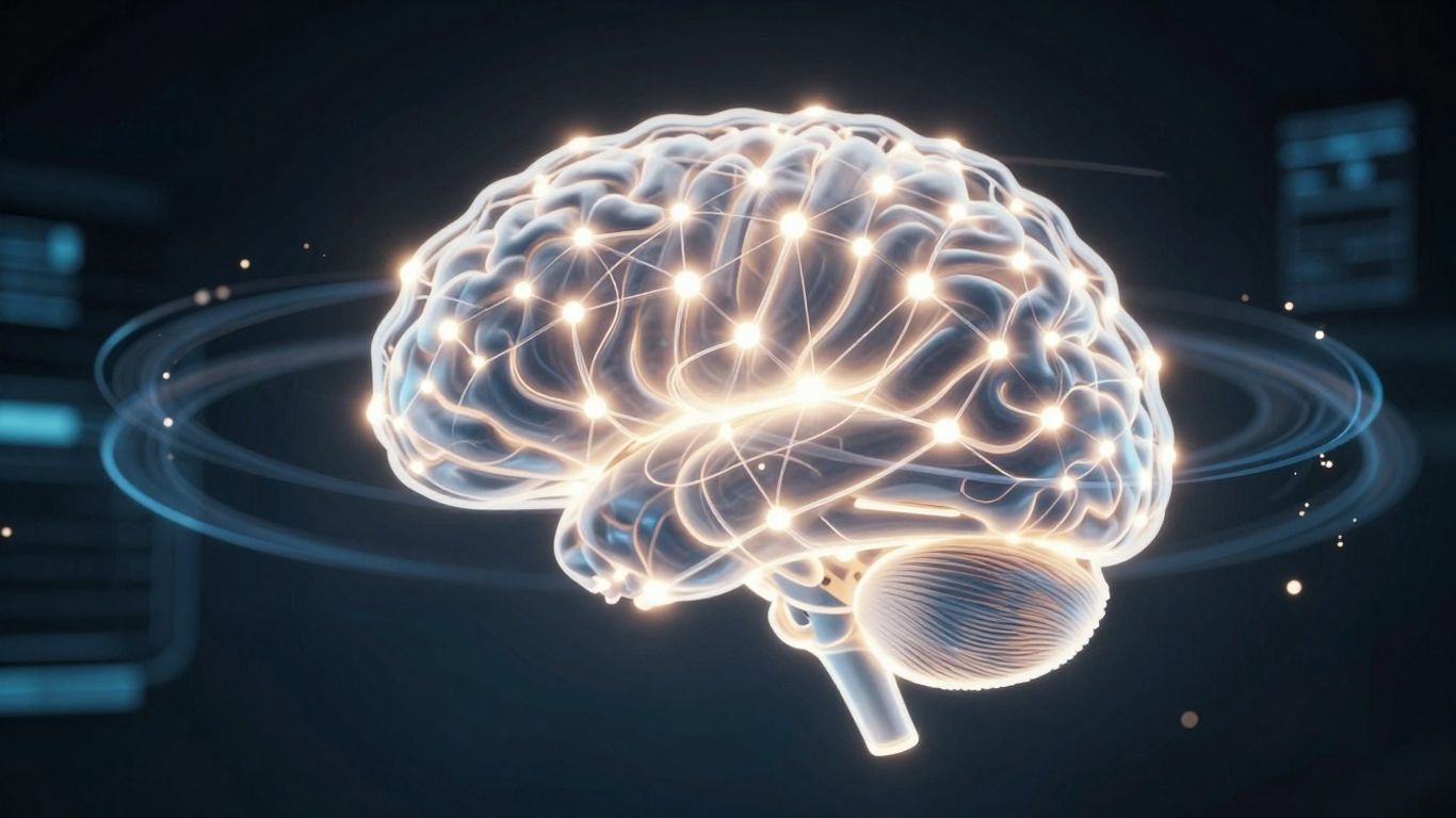 AI brain with glowing nodes and digital patterns
