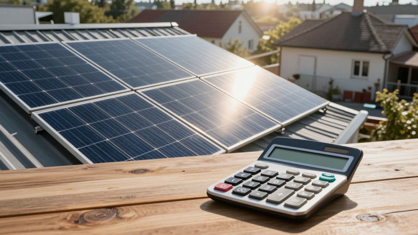 Solar Panels On A House Roof With A Calculator.