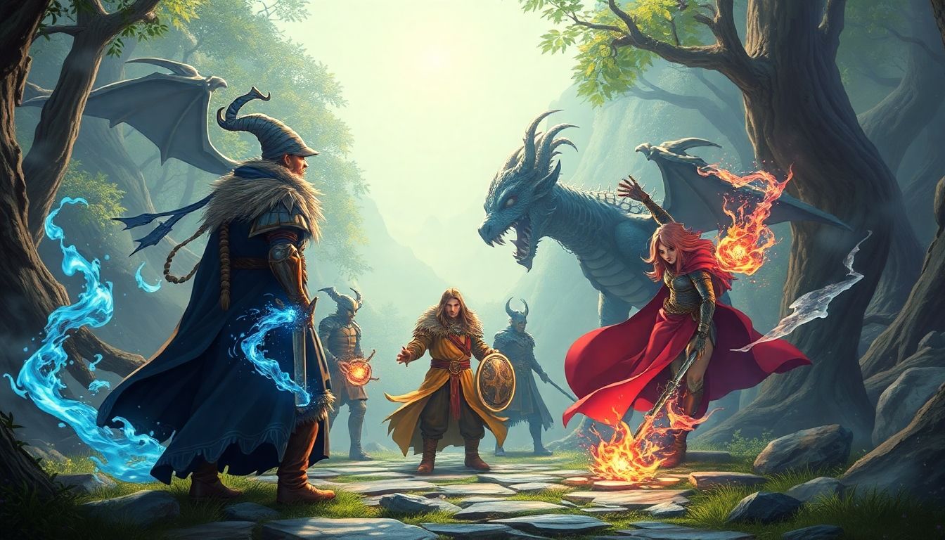 Capa com personagens de diferentes RPGs online em um cenário de fantasia épica, destacando magia, armaduras e criaturas míticas
