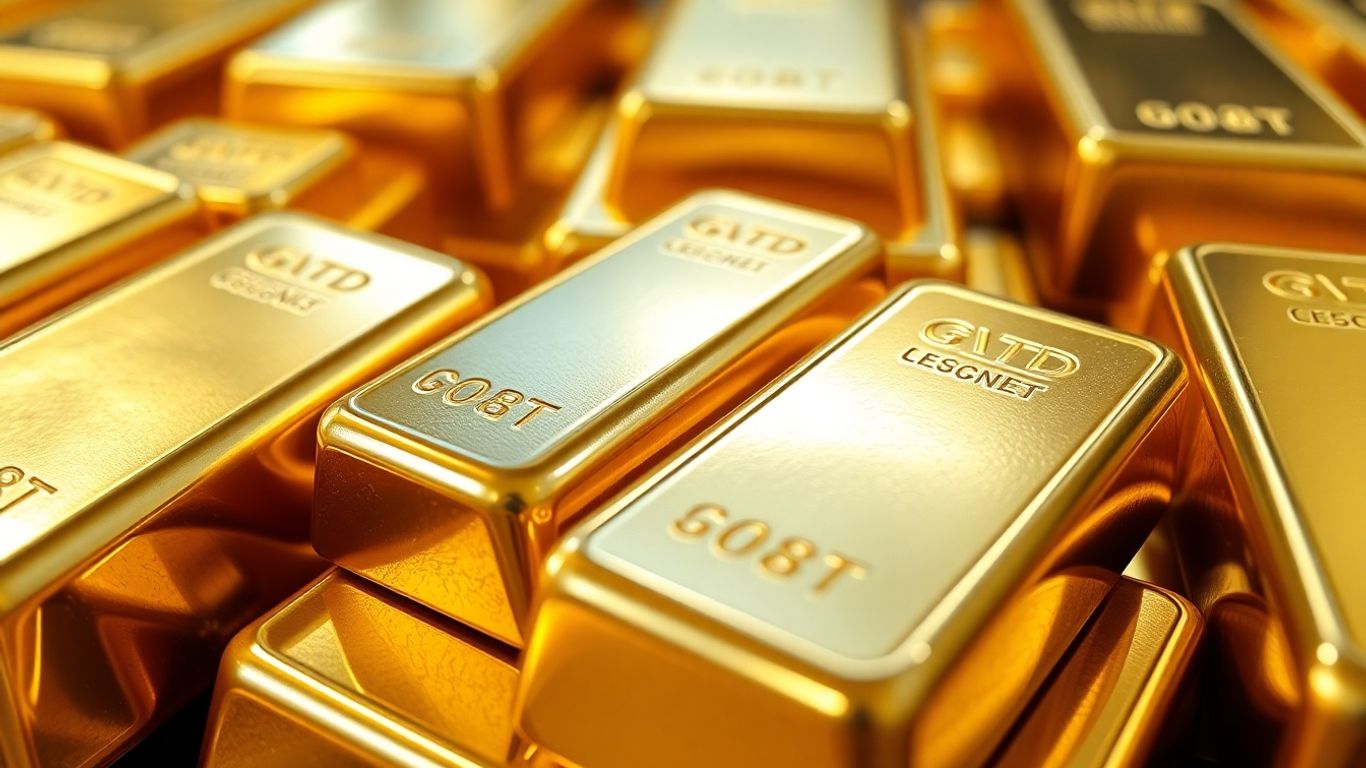 Gold bars stacked, reflecting light.