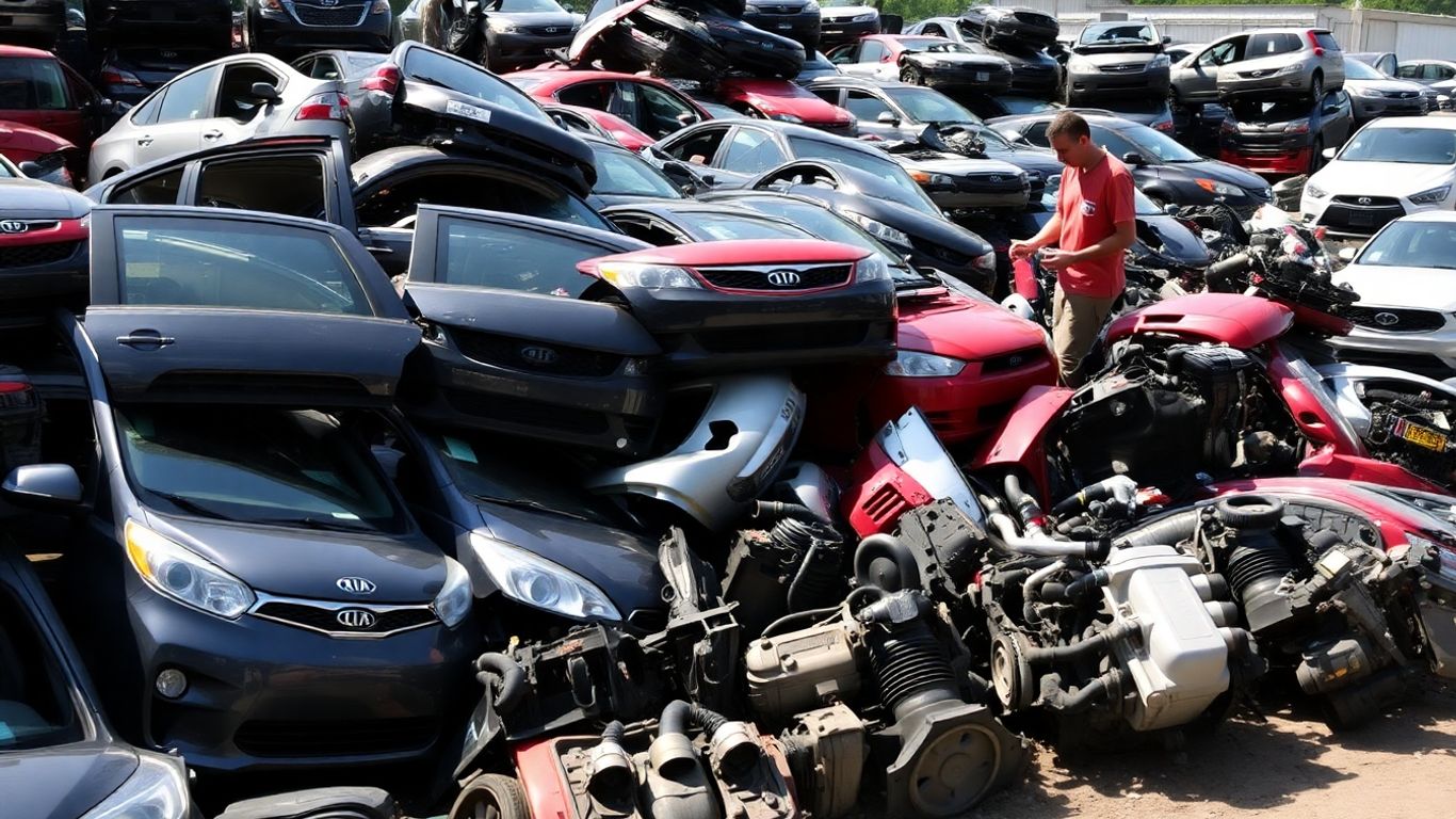 Salvaged Kia parts and mechanics in a scrapyard