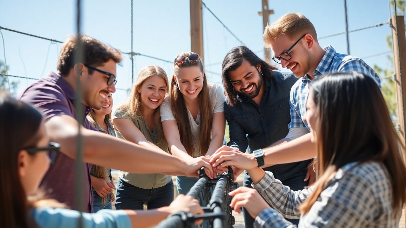 Team collaborating on an outdoor challenge activity.