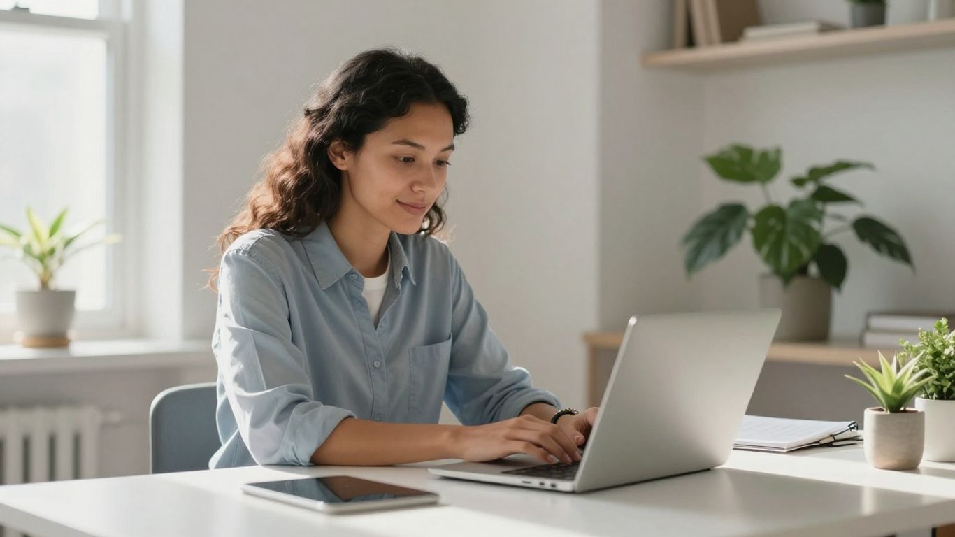 Persoană concentrată la birou, lumină naturală, plante.