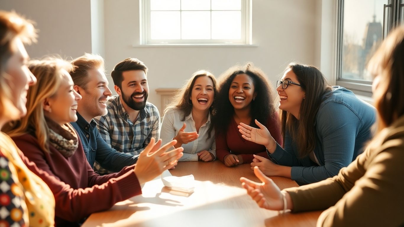 People laughing and connecting during a conversation.