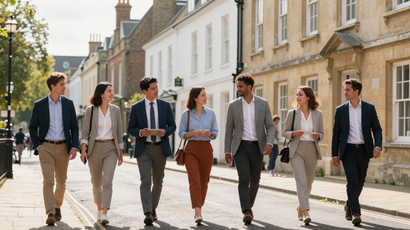 Winchester street with professionals discussing marketing.