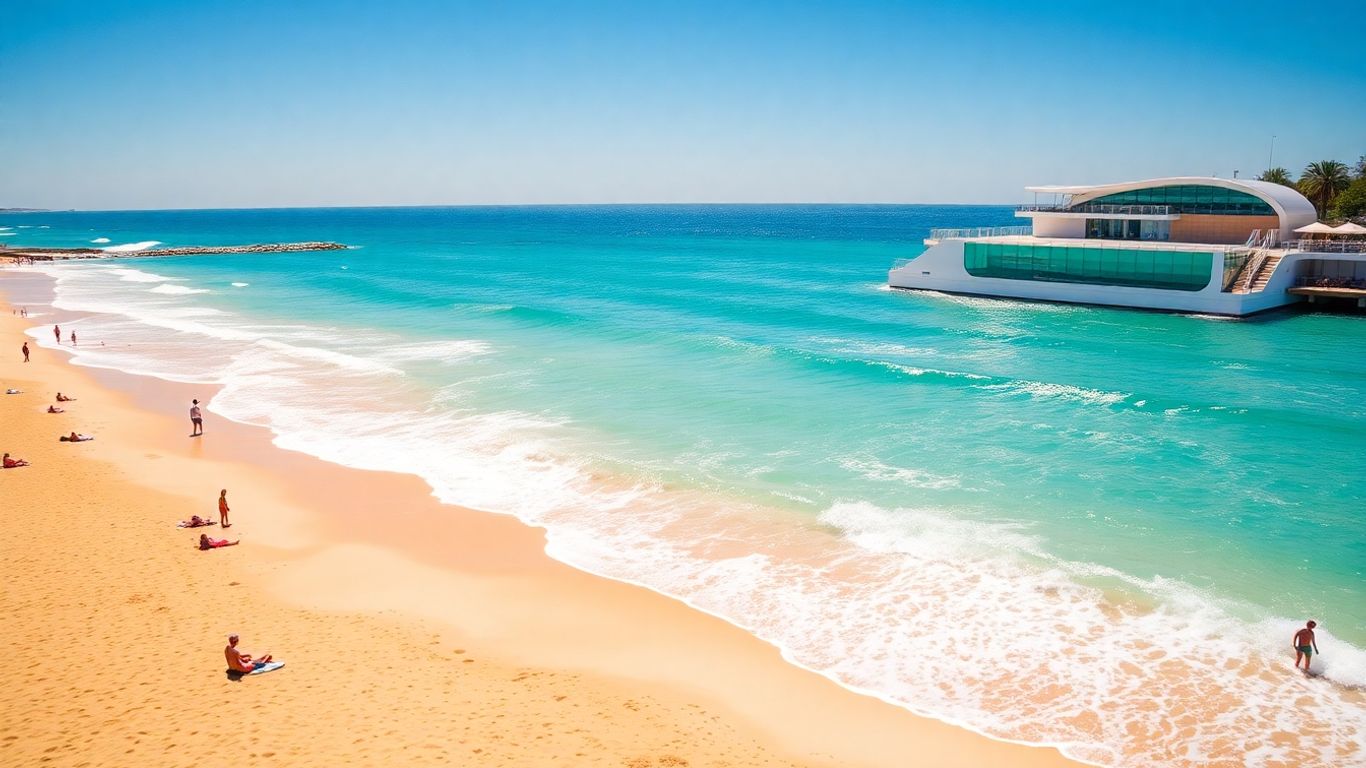 Bondi Beach with surfers, sand, and ocean waves.
