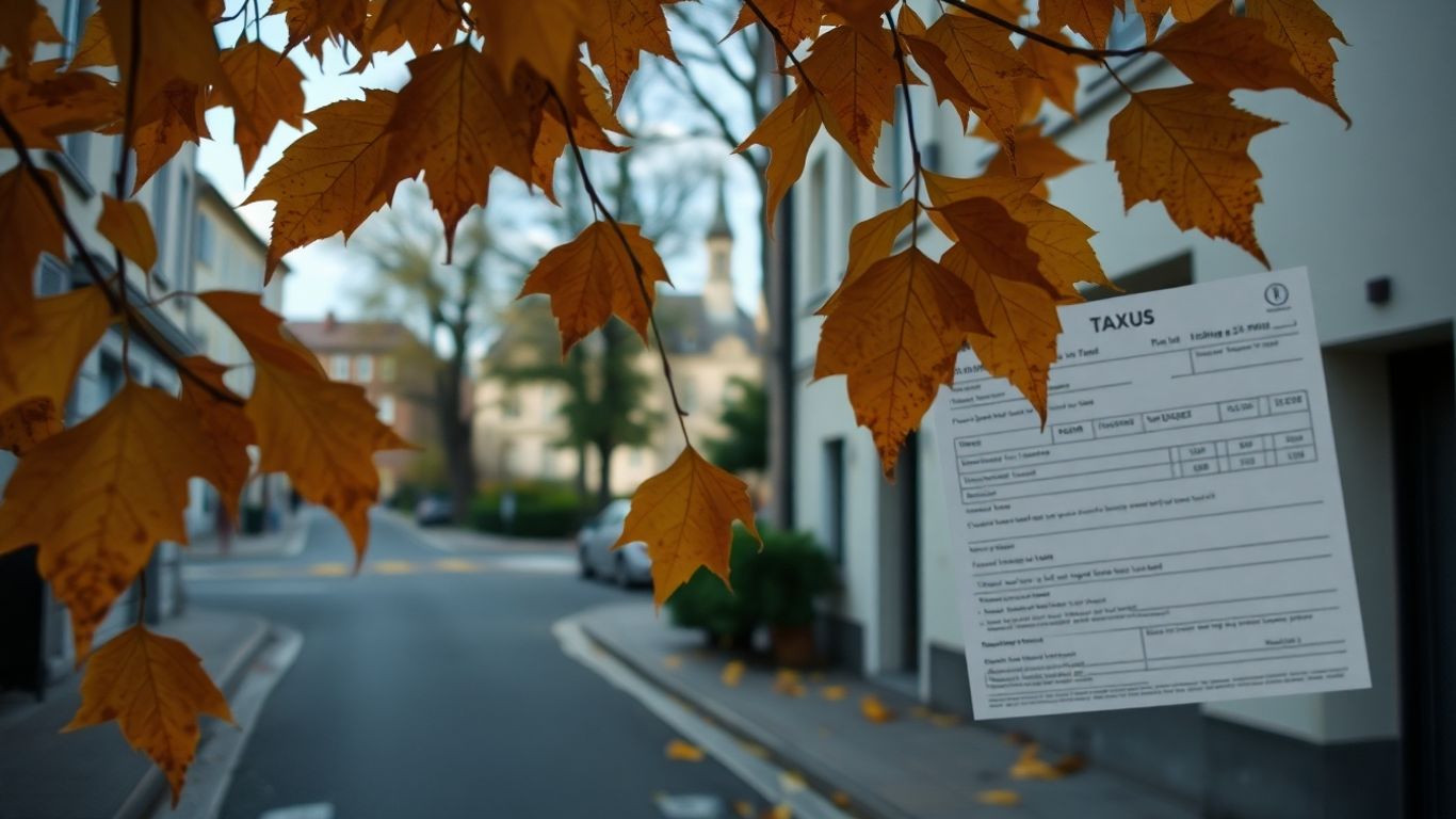 Mairie et feuilles d'automne sur une facture de taxe foncière.