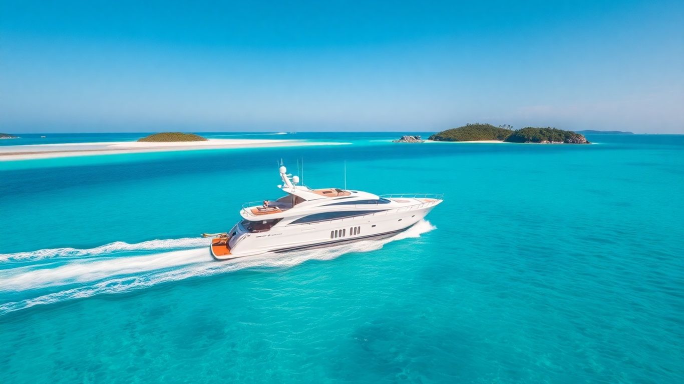 Yacht sailing turquoise Exumas waters with islands
