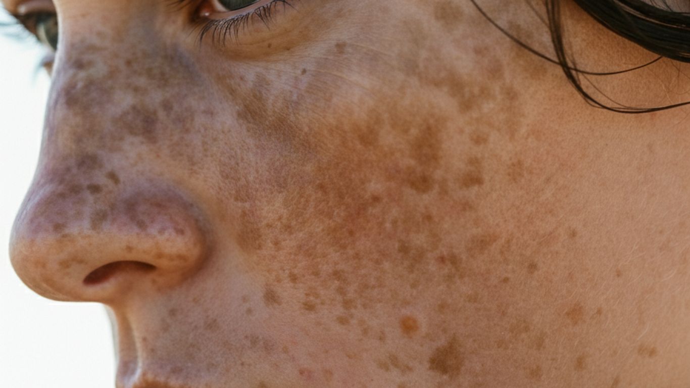 Close-up of a person's freckled face, looking thoughtful.