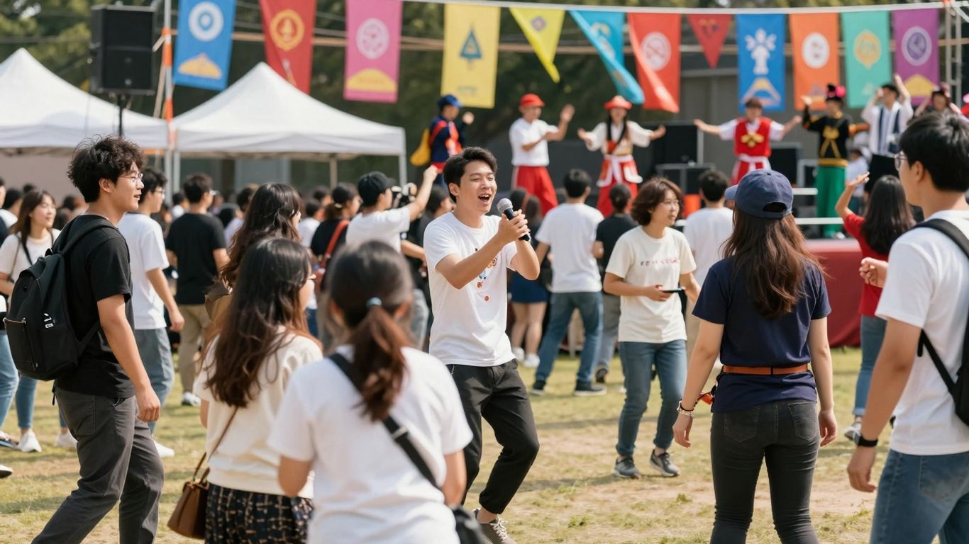 Oameni bucurându-se la un festival cultural în aer liber.