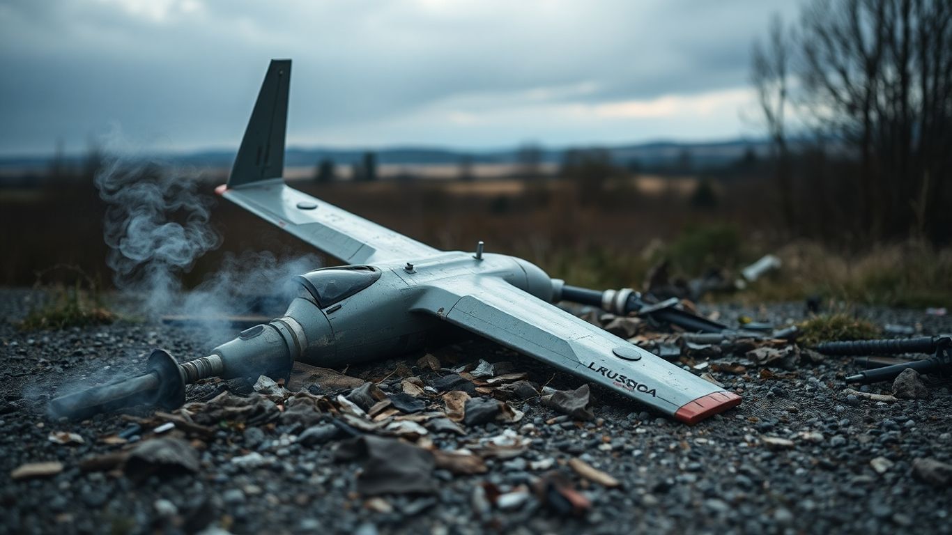 Drone russe abattu, débris métalliques, paysage européen.