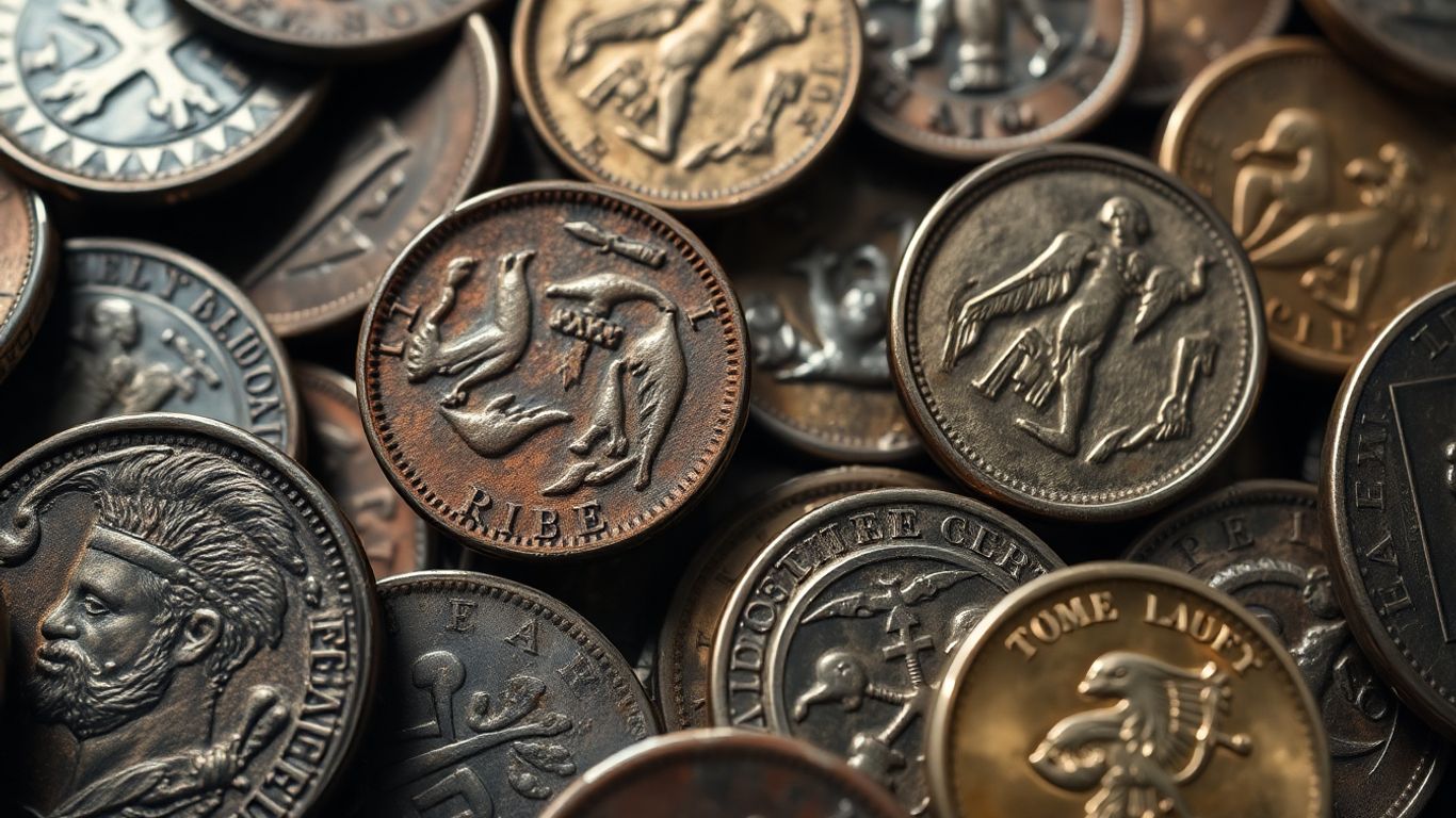 Close-up of old coins with historical details.
