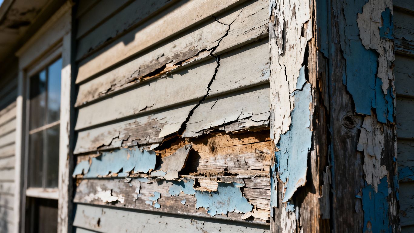 Close-up of damaged house siding with cracks and peeling paint.