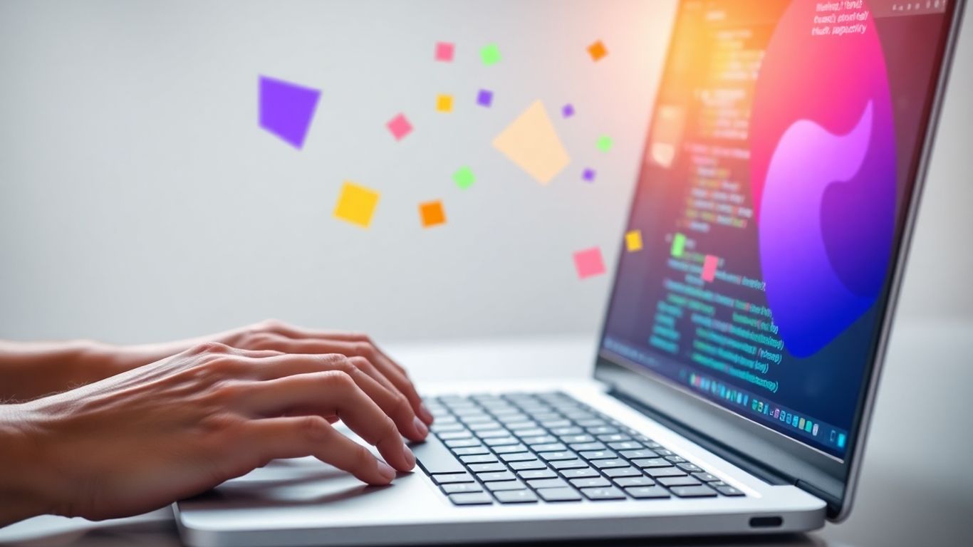 Hands typing on a laptop keyboard with colorful shapes.