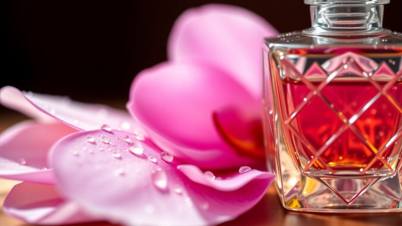 Close-up of luxury perfume bottle with flower petals.