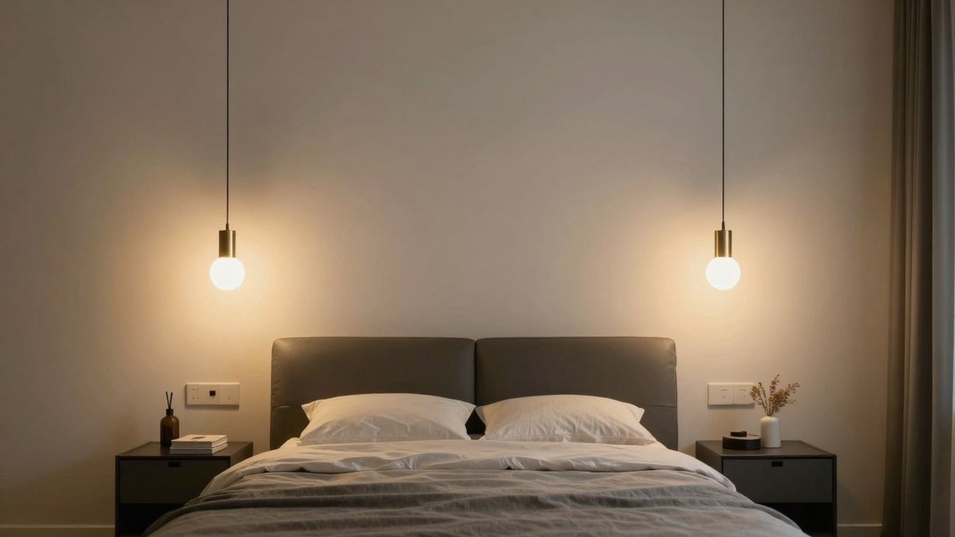 Modern bedroom with stylish bedside hanging pendant lights.