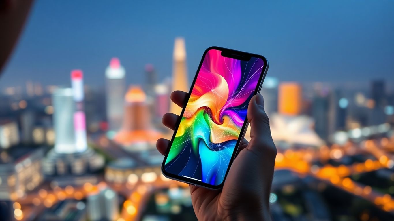 Person holding smartphone with Beijing cityscape background.