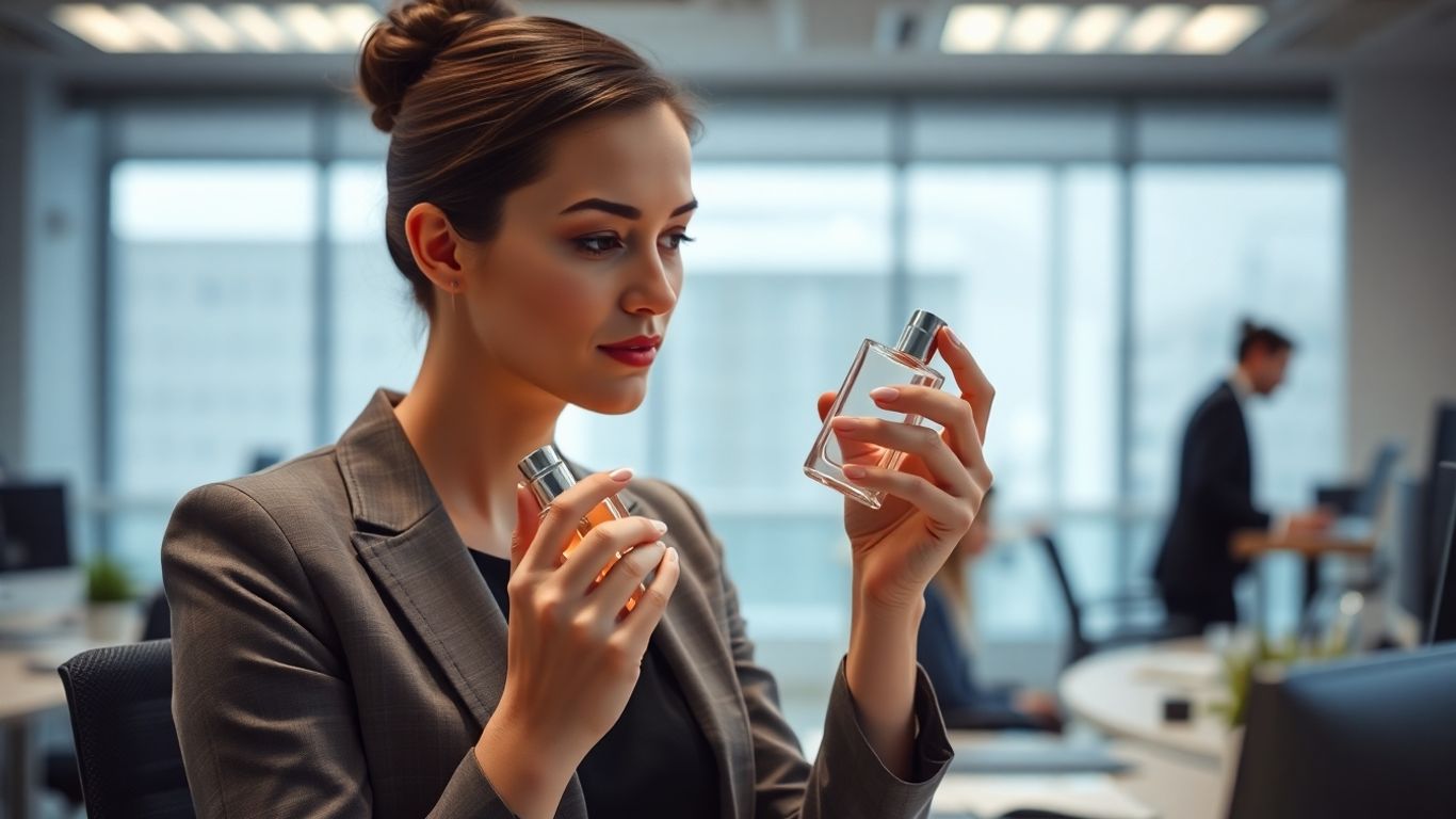 Woman applying perfume at her office desk.