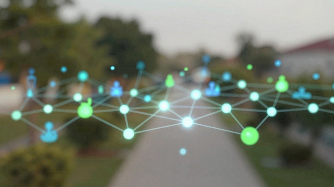 Digital landscape with glowing pathways and abstract shapes.