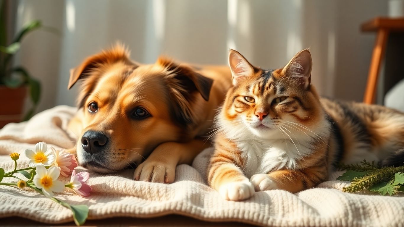 Dog and cat relaxing together among flowers indoors