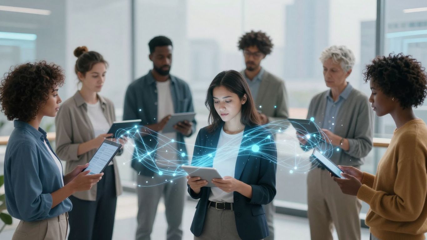 Diverse people interacting with digital health interfaces.