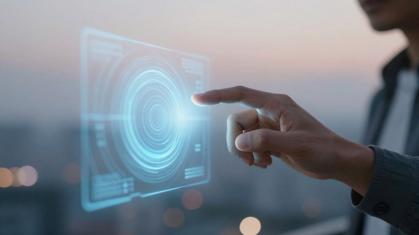 Human hand interacting with a glowing AI interface.