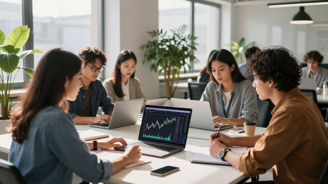 Startup team collaborating in a modern office.