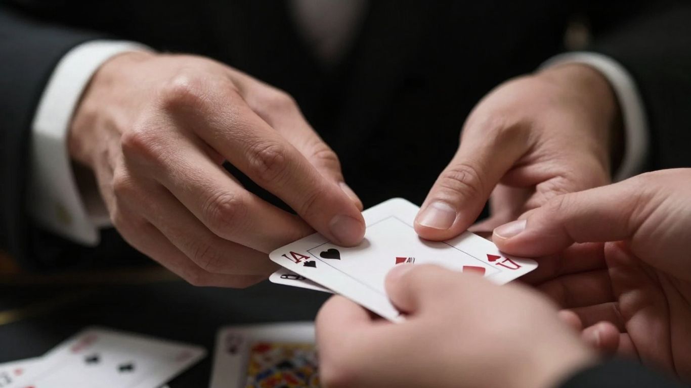 Magician's hands performing close-up card trick.