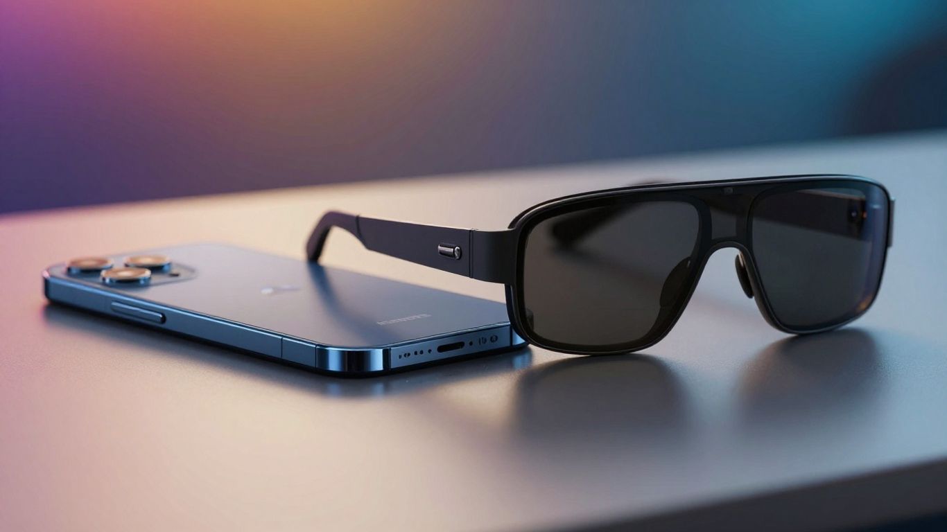 Modern smartphone and AR glasses on a sleek surface.