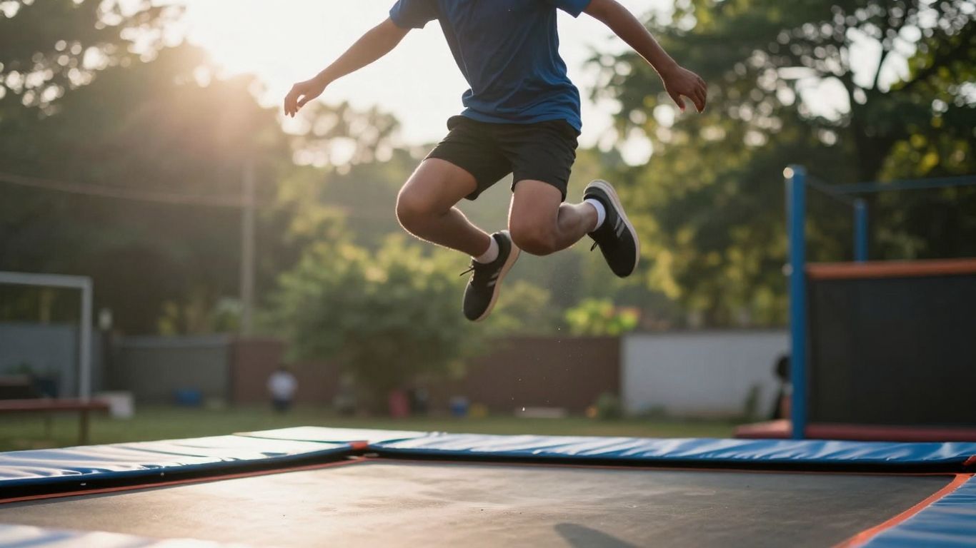Person jumping high on a trampoline outdoors.