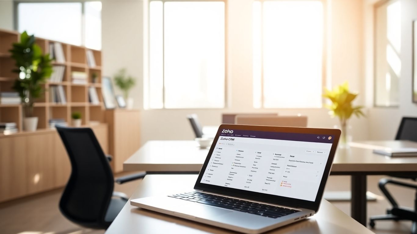Zoho CRM interface on a laptop in an office.