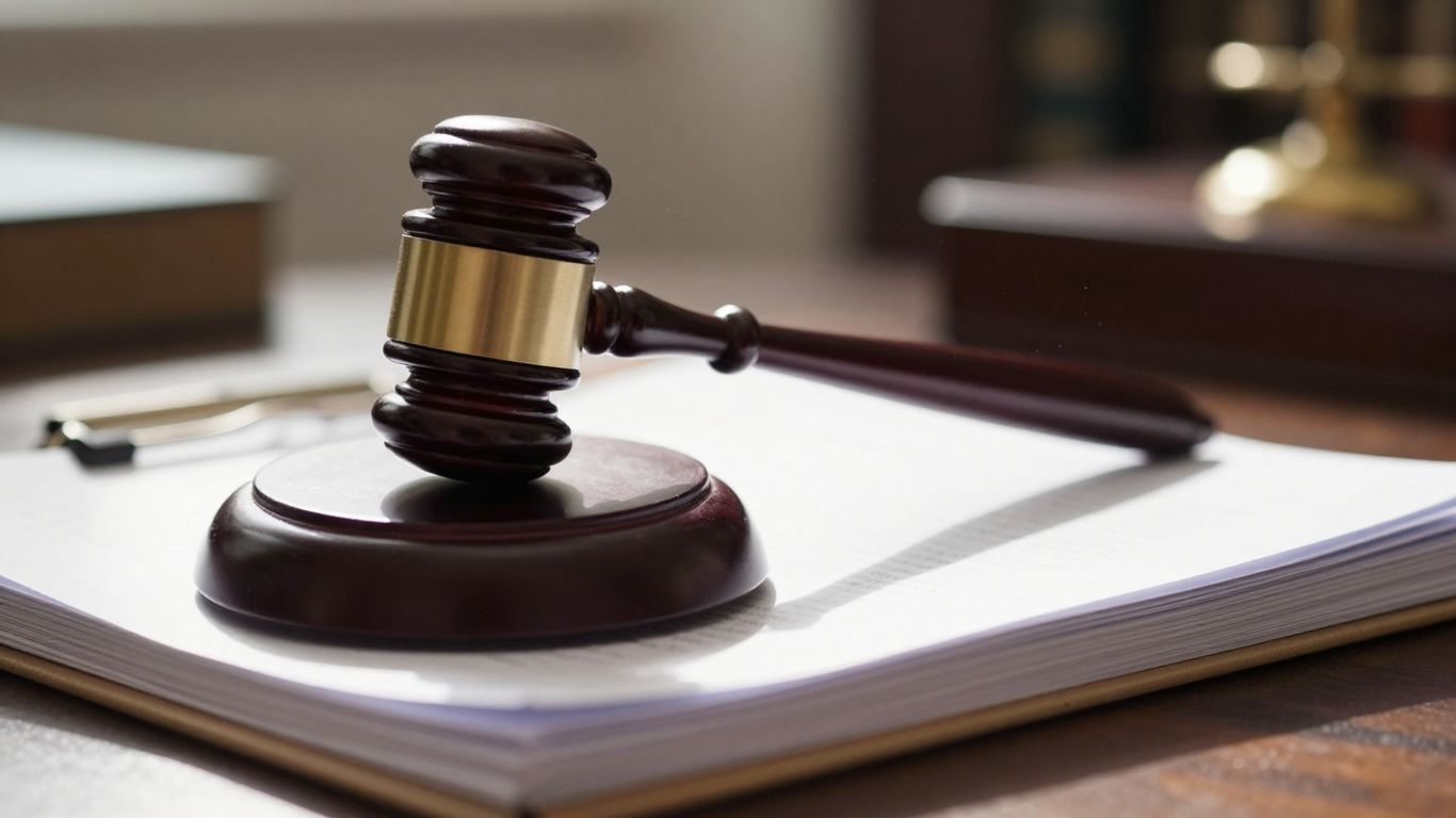 Gavel on legal documents, courtroom background.