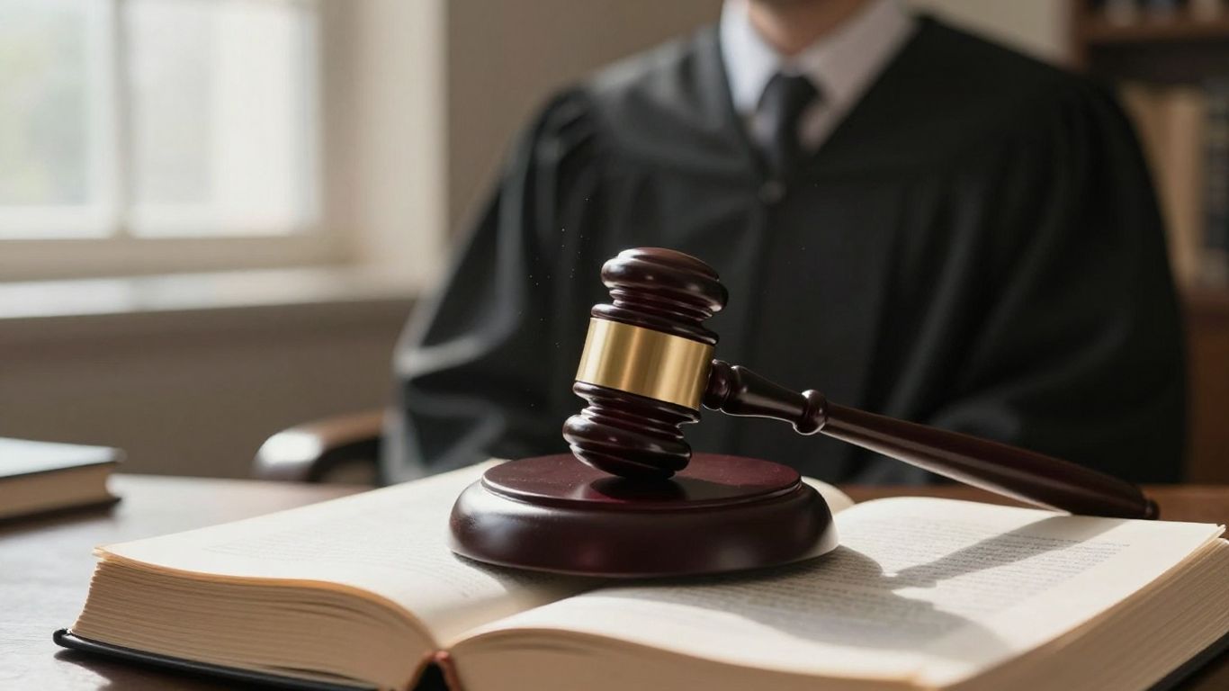 Gavel on legal book with judge's robe.