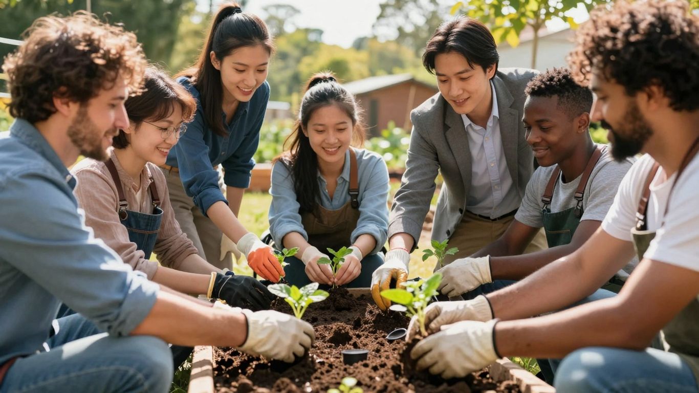 Business people and homeless individuals gardening together.