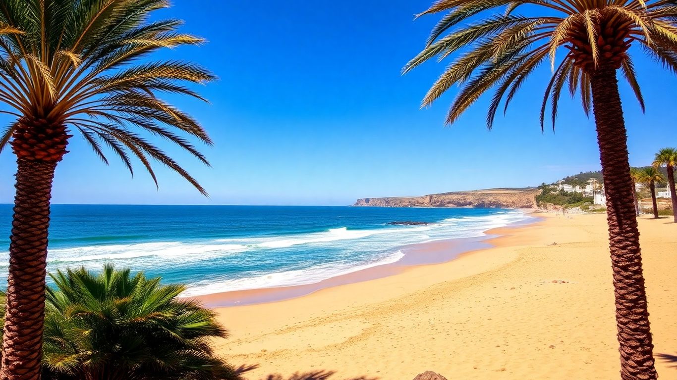 Sunny beach in Portugal with ocean and palm trees.