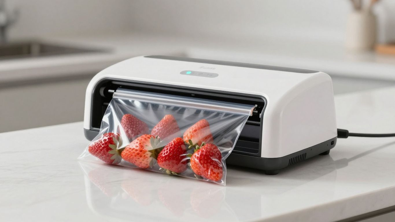 เครื่องซีลสูญญากาศกำลังซีลถุงบรรจุสตรอว์เบอร์รีสด