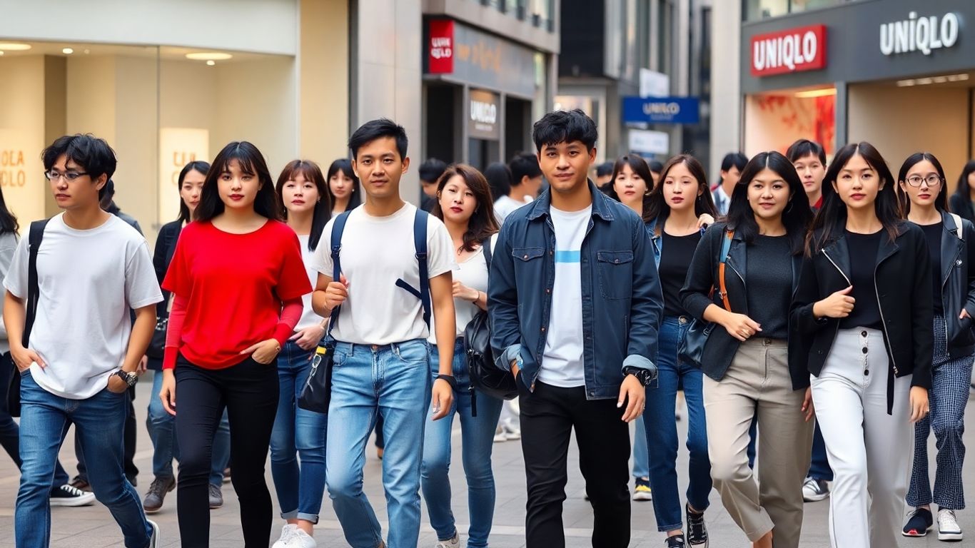 People wearing Uniqlo clothes on a Japanese city street