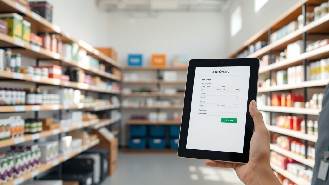 Retail store with purchase order software on a tablet.