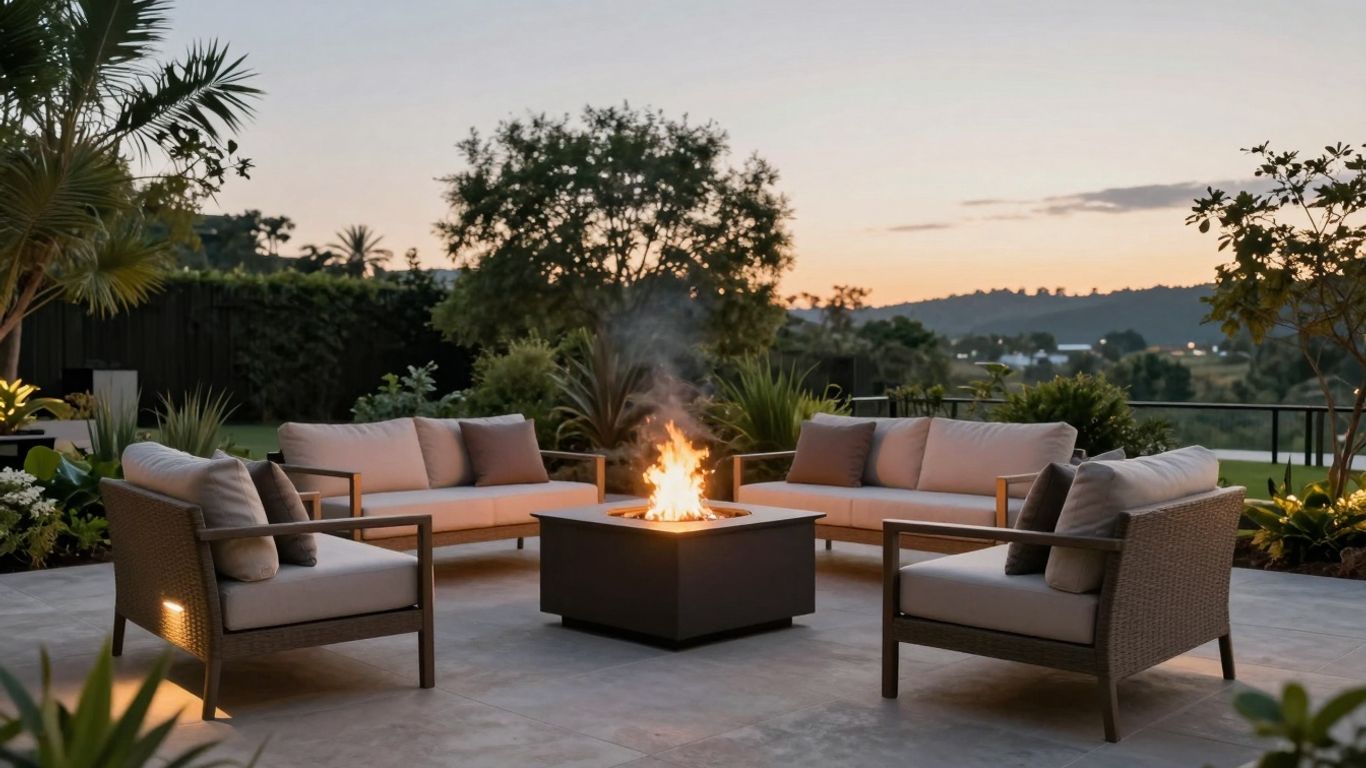 Outdoor fire pit glowing warmly at dusk.