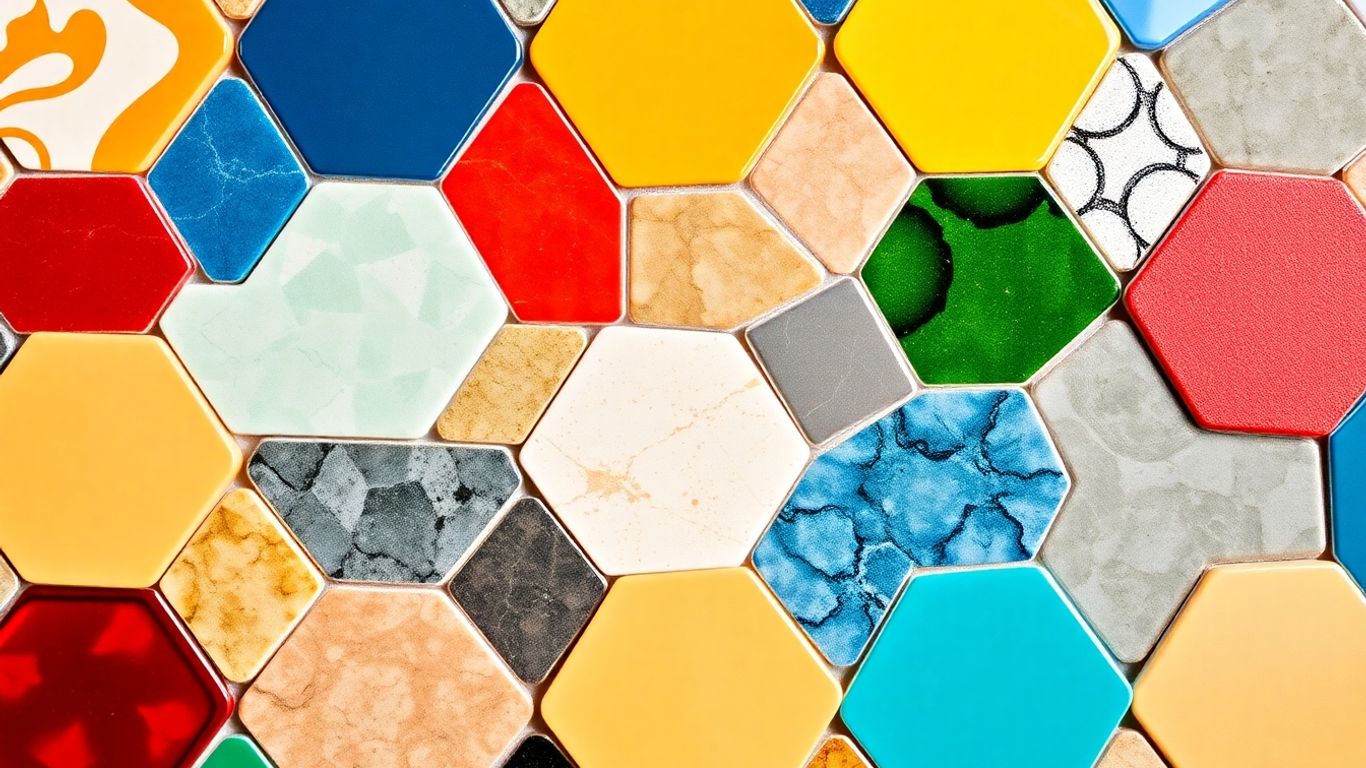Hexagon mosaic tiles in various colors and textures.