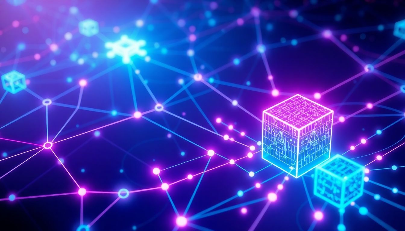 AI and blockchain merging in a futuristic digital network.