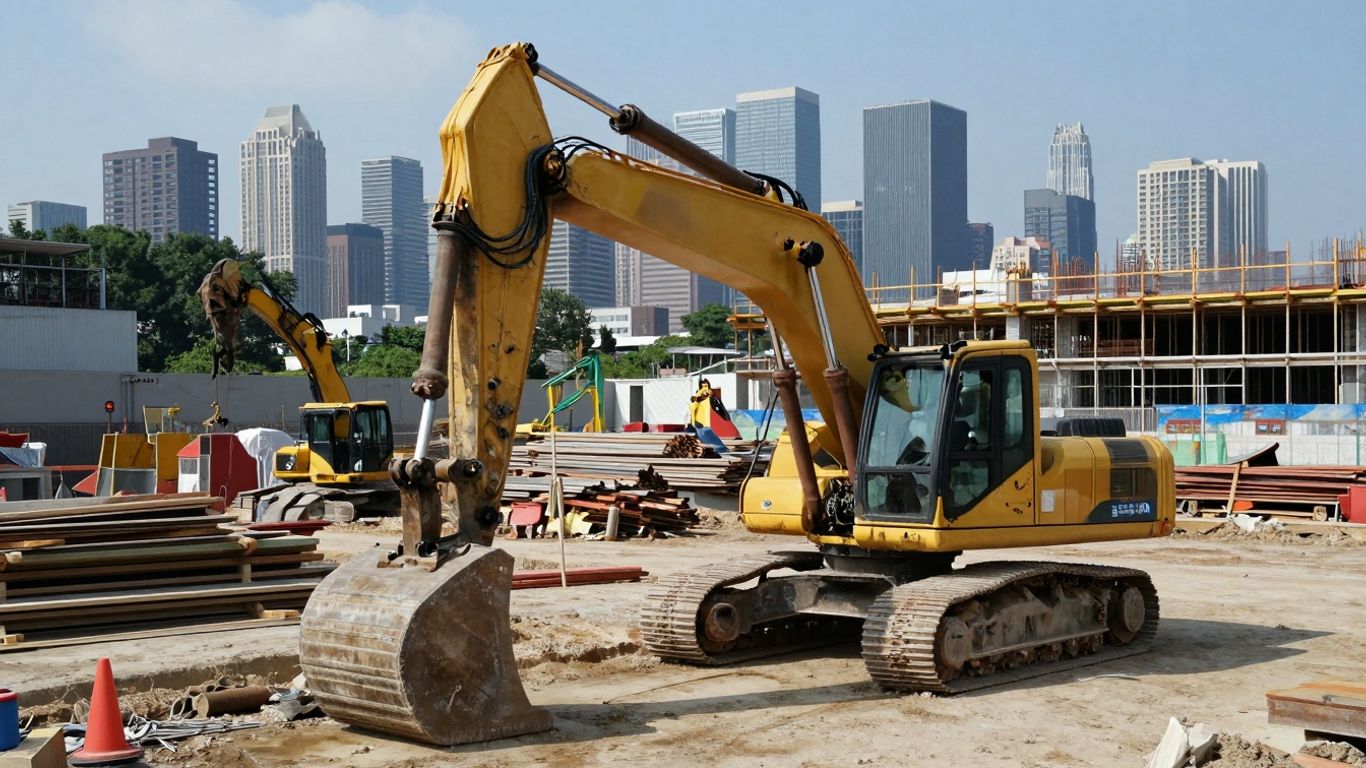 Construction site with machinery and city skyline.