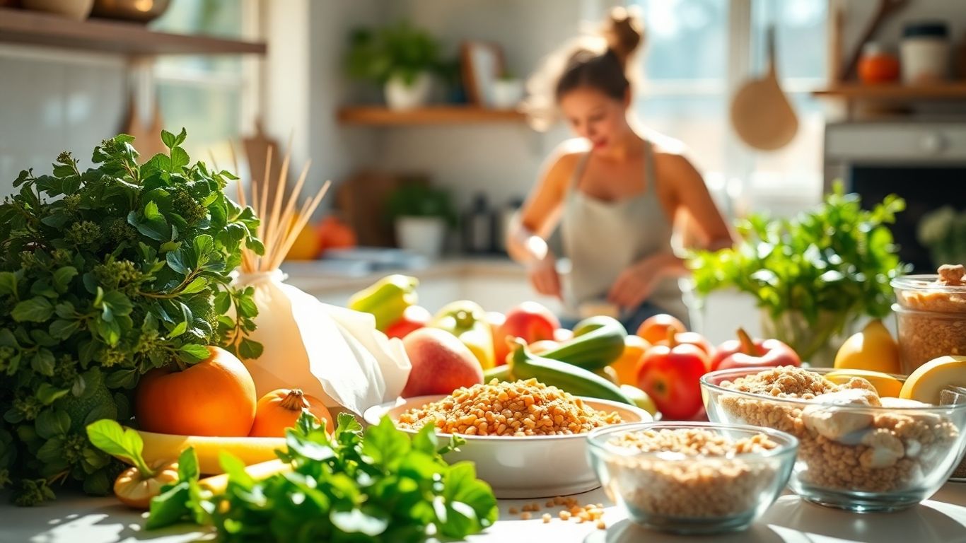 Healthy food and energetic person in a bright kitchen.