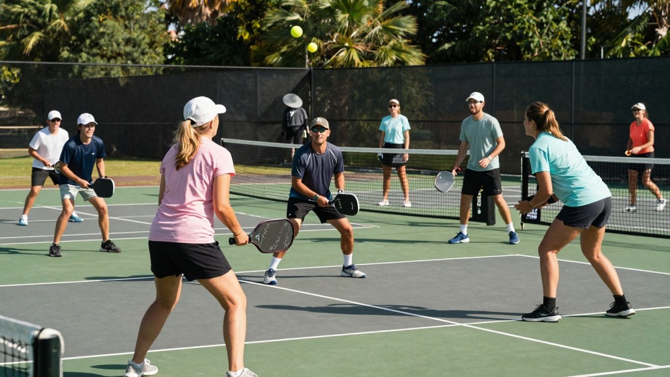 Pickleball players enjoying a group lesson on a sunny court.