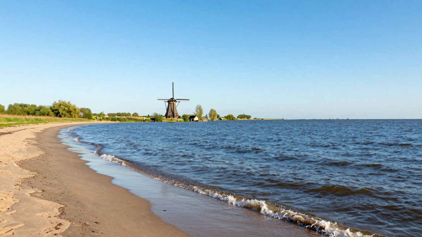 IJsselmeer mit Windmühle und grünen Feldern