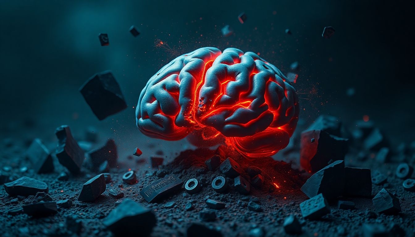 Crumbling digital brain symbolizing AI valuation fears and tech bubble concerns.