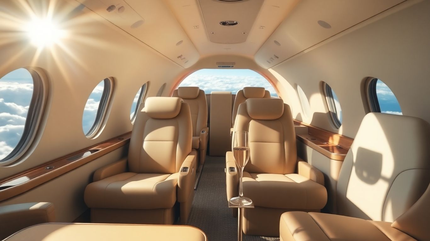 Luxury private jet interior with leather seats and window view.