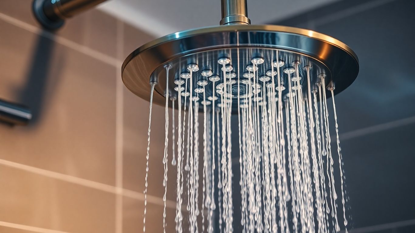 Modern shower head with water spraying.
