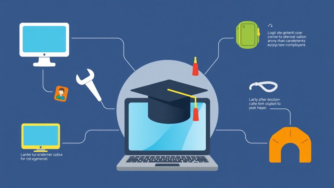 IT support infographic with computer, tools, and graduation cap.