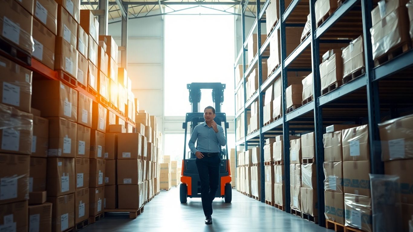 Small business warehouse with organized boxes and forklift.